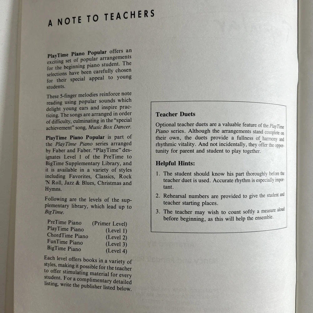 Playtime Piano By Faber & Faber Level 1 5 Finger Method Sheet Music
